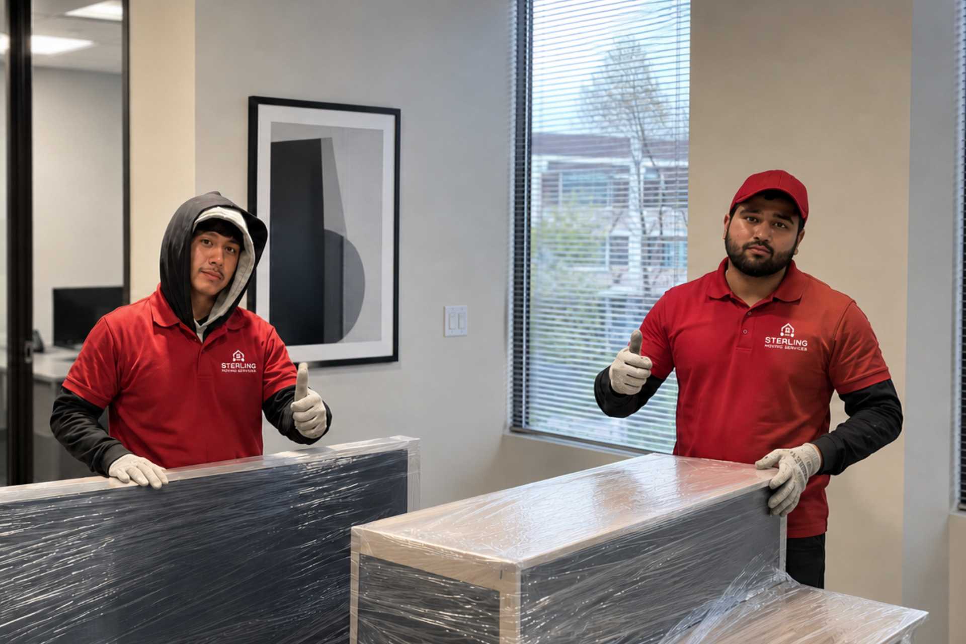 Two movers handling office furniture and equipment
